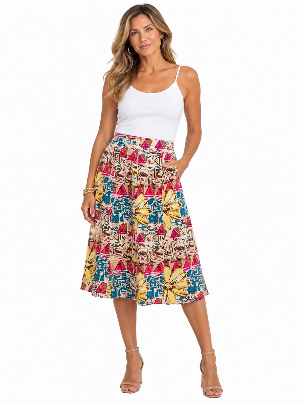 Choices 100% Linen Midi Skirt M Floral Abstract Print Coastal Artsy Boho
